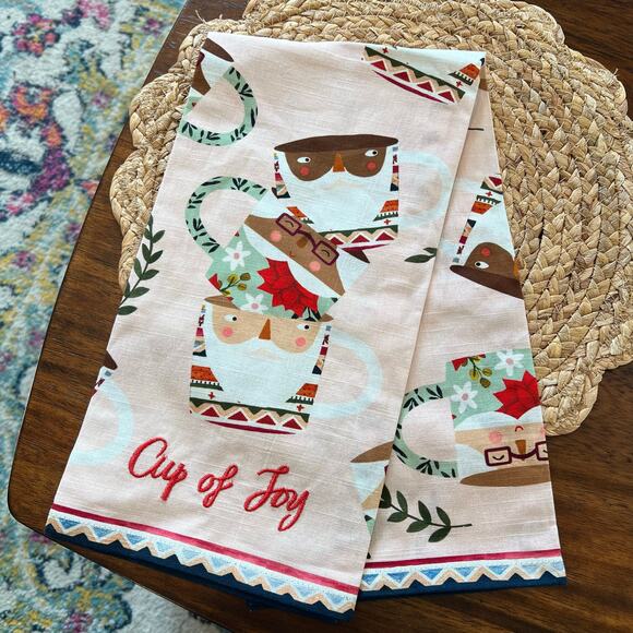 Anthropologie Fotini Tikkou Santa Mrs Claus Mugs Dish Towel Christmas Cup of Joy - Picture 1 of 7